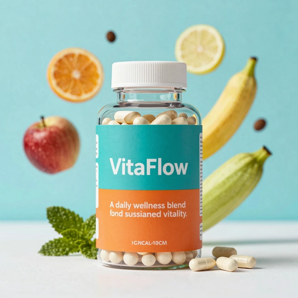 VitaFlow supplement bottle with soft gradient label